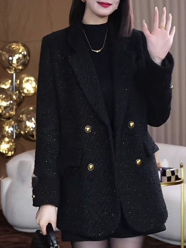 Sacou damă din chenille cu elastan, fără mâneci, guler polo, închidere cu nasturi în dublu rând, stil Royal Sister, Primăvara 2025