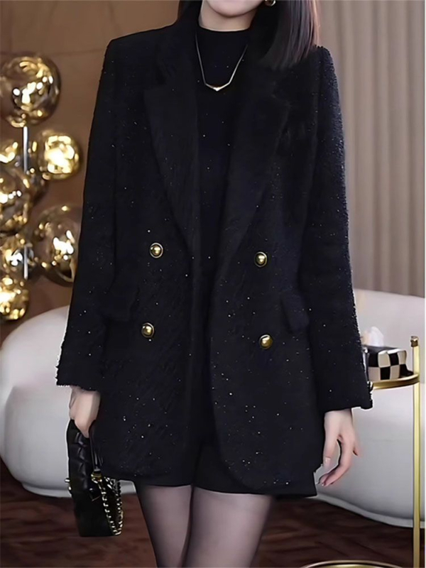 Sacou damă din chenille cu elastan, fără mâneci, guler polo, închidere cu nasturi în dublu rând, stil Royal Sister, Primăvara 2025