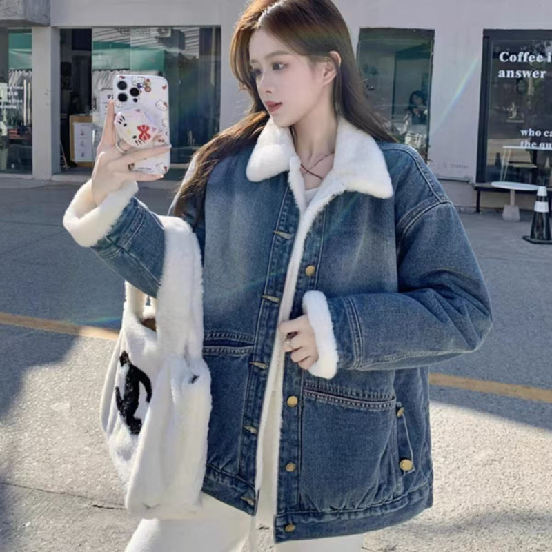 Γυναικείο τζιν μπουφάν με επένδυση φλίς, παχυσμένο για ζεστασιά, χαλαρό κορεατικό στυλ, γιακά πόλο