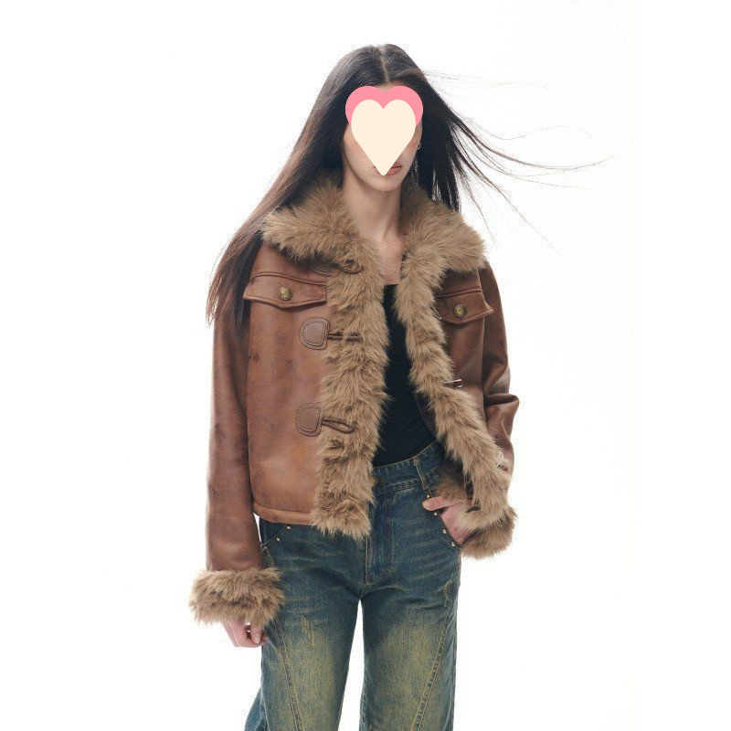 Женско късо палто с плюш панел, патчворк, полиестер-еластан, 3/4 ръкави, половин отворена яка, есен 2025