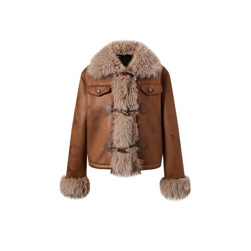 Женско късо палто с плюш панел, патчворк, полиестер-еластан, 3/4 ръкави, половин отворена яка, есен 2025