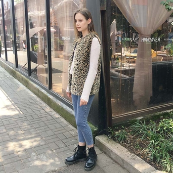 Ženska bez rukava vesta od umjetnog krzna s leopard uzorkom – zimska svakodnevna odjeća, s okruglim izrezom