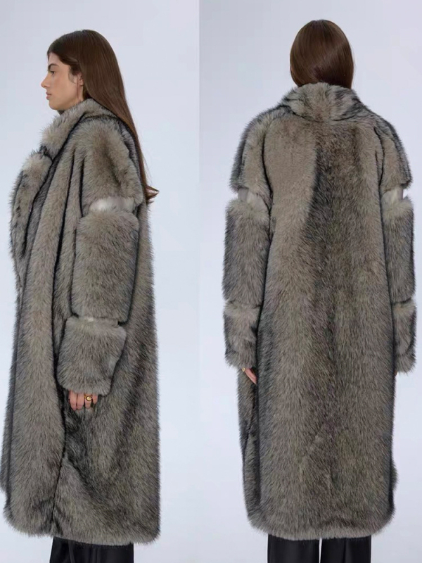 Ženski dugi kaput od umjetnog krzna, streetwear stil, rever ovratnik, zima 2025