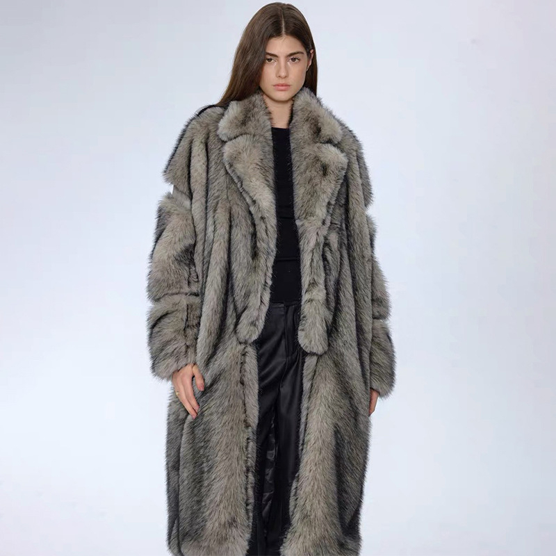 Ženski dugi kaput od umjetnog krzna, streetwear stil, rever ovratnik, zima 2025