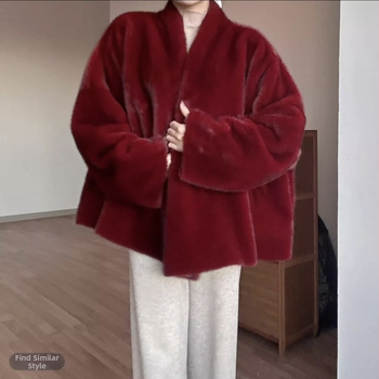 Dámsky kabát z umelej kožušiny, denevierové rukávy, V-krk, dlhé rukávy