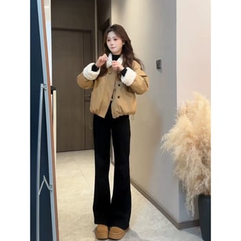 Női kéttónusú téli koreai stílusú kabát, gallérja lótuszlevél alakú, 3/4-ös ujjak, akril rostból