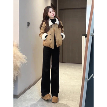 Női kéttónusú téli koreai stílusú kabát, gallérja lótuszlevél alakú, 3/4-ös ujjak, akril rostból