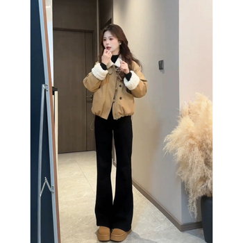 Női kéttónusú téli koreai stílusú kabát, gallérja lótuszlevél alakú, 3/4-ös ujjak, akril rostból