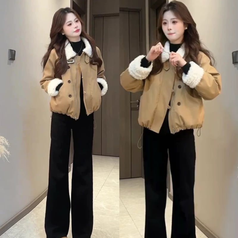 Női kéttónusú téli koreai stílusú kabát, gallérja lótuszlevél alakú, 3/4-ös ujjak, akril rostból