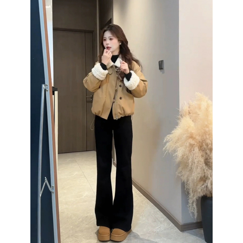 Női kéttónusú téli koreai stílusú kabát, gallérja lótuszlevél alakú, 3/4-ös ujjak, akril rostból