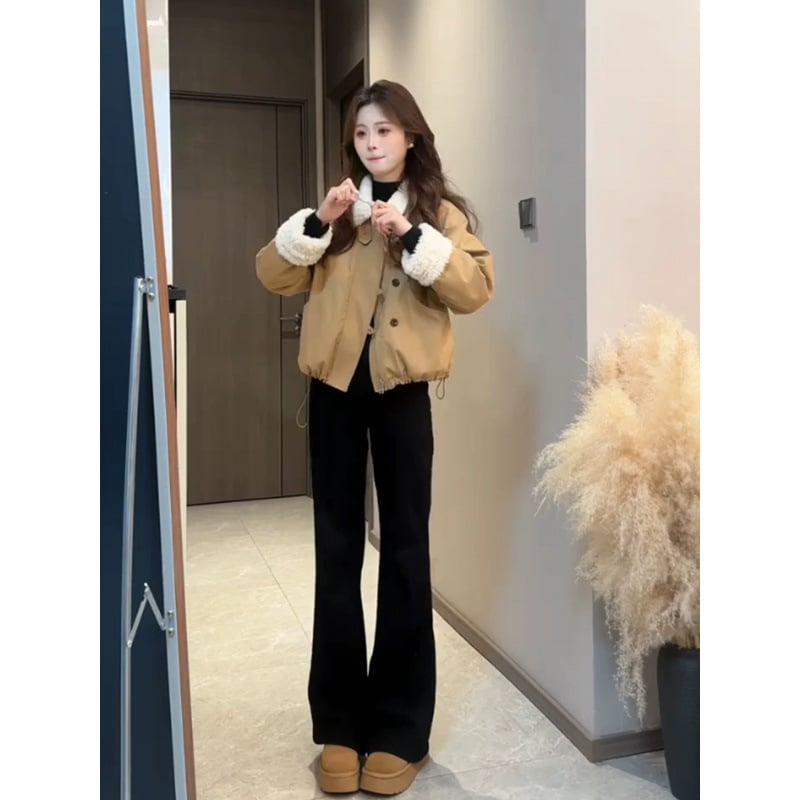 Női kéttónusú téli koreai stílusú kabát, gallérja lótuszlevél alakú, 3/4-ös ujjak, akril rostból