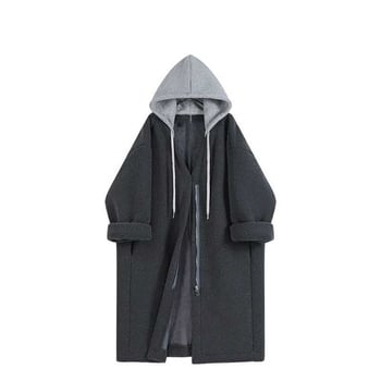 Palton din lână de miel cu glugă, lungime medie, fermoar frontal, iarnă 2025