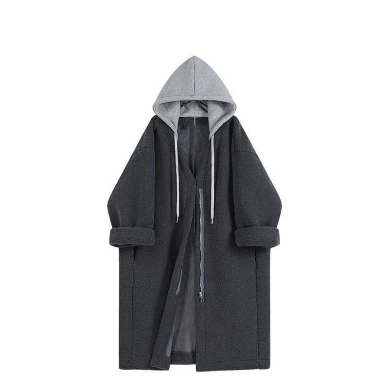 Palton din lână de miel cu glugă, lungime medie, fermoar frontal, iarnă 2025