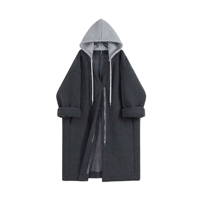 Palton din lână de miel cu glugă, lungime medie, fermoar frontal, iarnă 2025