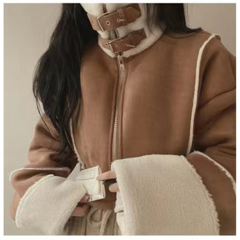 Női rövid velúr-bőr dzseki shearling béleléssel, cipzárral, 3/4 ujjal