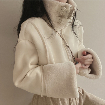 Női rövid velúr-bőr dzseki shearling béleléssel, cipzárral, 3/4 ujjal