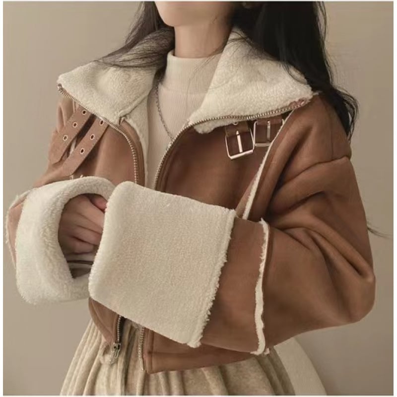 Női rövid velúr-bőr dzseki shearling béleléssel, cipzárral, 3/4 ujjal