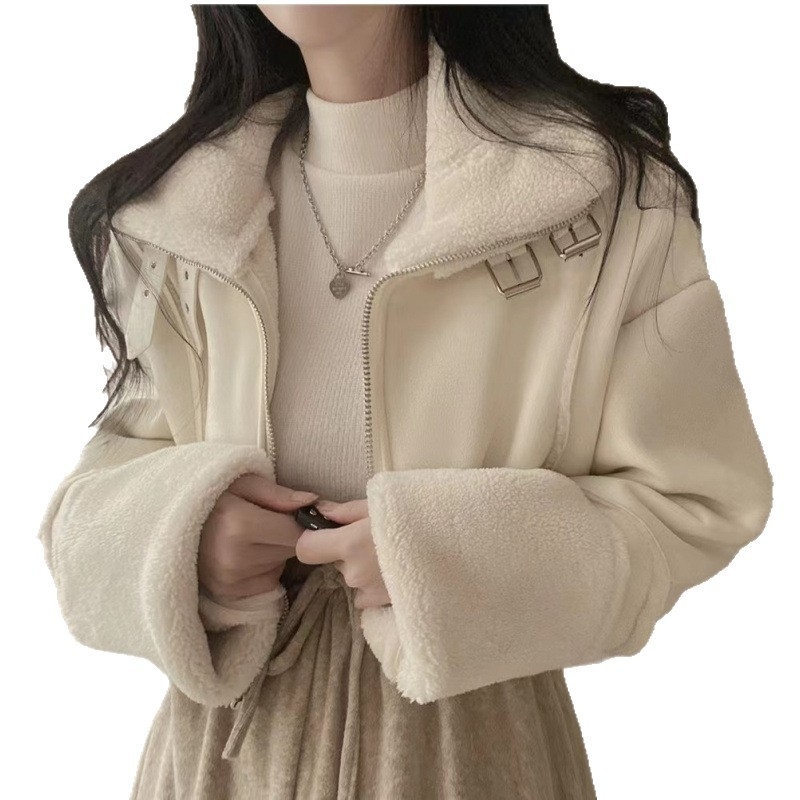 Női rövid velúr-bőr dzseki shearling béleléssel, cipzárral, 3/4 ujjal