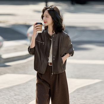 Jachetă de piele pentru femei din piele de miel - lungime scurtă, guler înalt, fermoar frontal, croială lejeră, stil stradal japonez/coreean