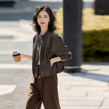 Jachetă de piele pentru femei din piele de miel - lungime scurtă, guler înalt, fermoar frontal, croială lejeră, stil stradal japonez/coreean