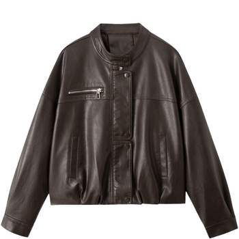 Jachetă de piele pentru femei din piele de miel - lungime scurtă, guler înalt, fermoar frontal, croială lejeră, stil stradal japonez/coreean