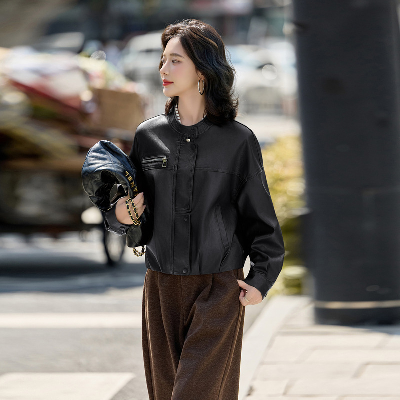 Jachetă de piele pentru femei din piele de miel - lungime scurtă, guler înalt, fermoar frontal, croială lejeră, stil stradal japonez/coreean