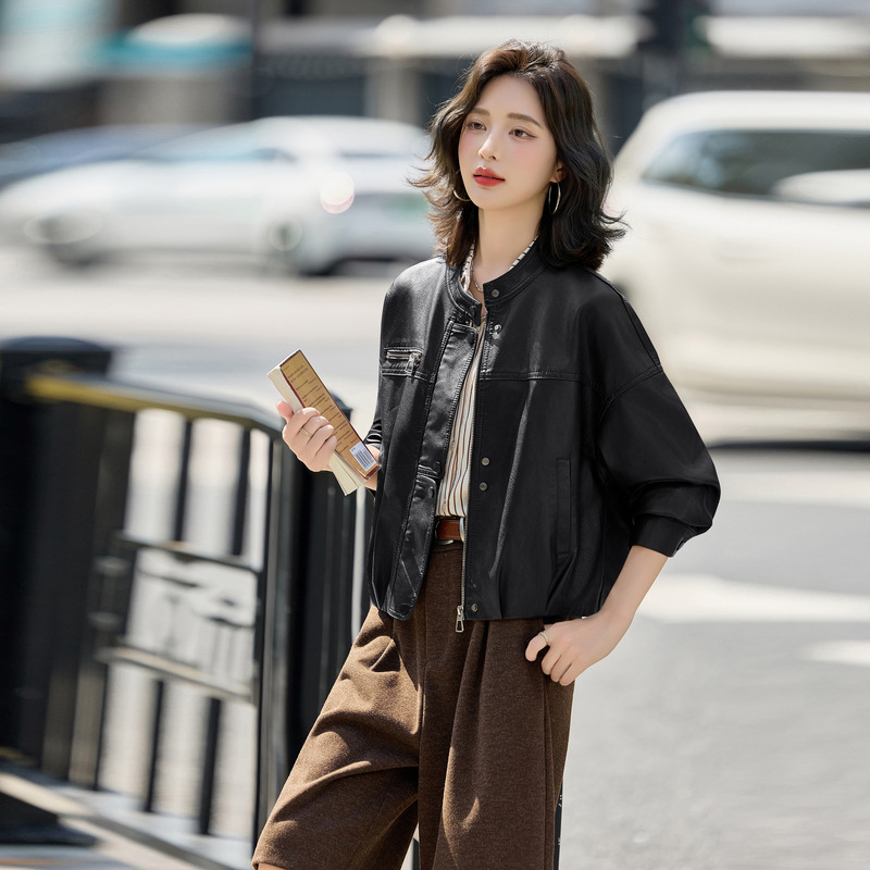 Jachetă de piele pentru femei din piele de miel - lungime scurtă, guler înalt, fermoar frontal, croială lejeră, stil stradal japonez/coreean