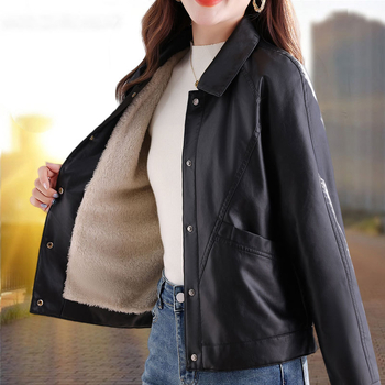 Дамско PU кожено яке с яка, изкуствен пух, дълги ръкави, свободен крой, зимно 2025