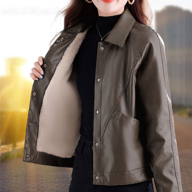 Дамско PU кожено яке с яка, изкуствен пух, дълги ръкави, свободен крой, зимно 2025