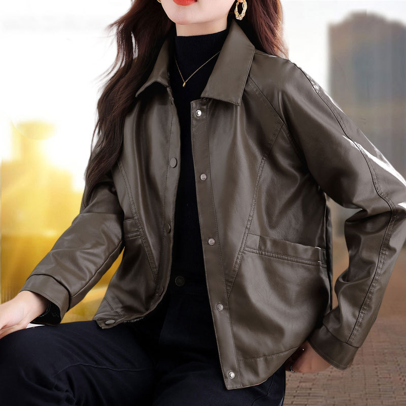 Дамско PU кожено яке с яка, изкуствен пух, дълги ръкави, свободен крой, зимно 2025