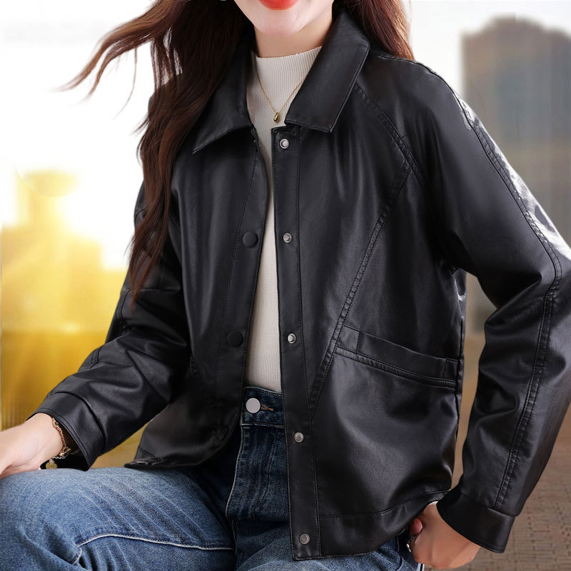 Дамско PU кожено яке с яка, изкуствен пух, дълги ръкави, свободен крой, зимно 2025