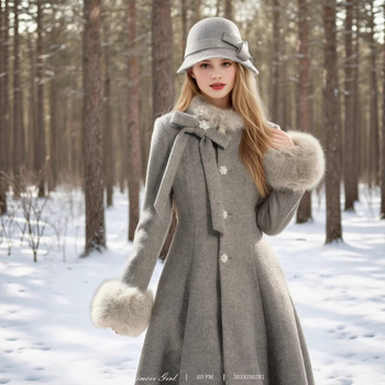 Ženska duga kviltirana jakna s krznom ovratnikom, uski kroj, poliester 95%+