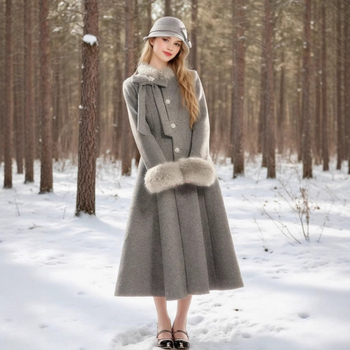 Ženska duga kviltirana jakna s krznom ovratnikom, uski kroj, poliester 95%+