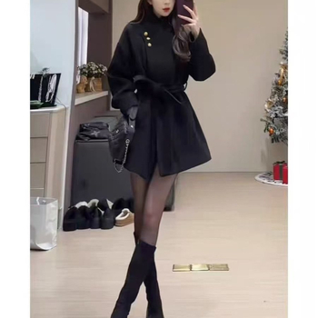 Ženski kaput od chenille sa spandeksom, stojeći ovratnik, kratka duljina, labavi kroj, 3/4 rukavi, japansko-korejski casual stil