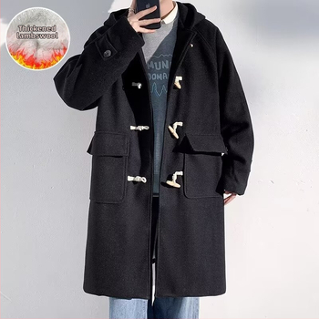 Ανδρικό χειμερινό παλτό με κουκούλα, μεσαίου μήκους, χαλαρή γραμμή, αγκράφα σε σχήμα κέρατος βοδιού, εξωτερικό και επένδυση από πολυεστέρα
