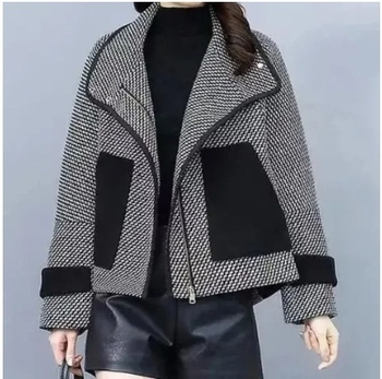 Kratký kabát s houndstooth vzorom, polyester (95%+), dlhé rukávy, predný zips