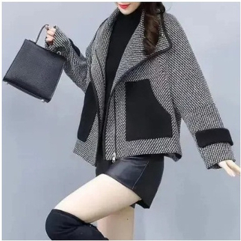 Kratký kabát s houndstooth vzorom, polyester (95%+), dlhé rukávy, predný zips