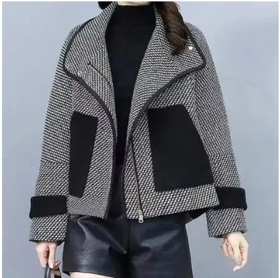 Kratký kabát s houndstooth vzorom, polyester (95%+), dlhé rukávy, predný zips