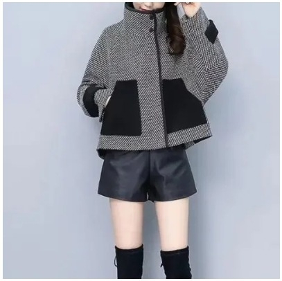Kratký kabát s houndstooth vzorom, polyester (95%+), dlhé rukávy, predný zips