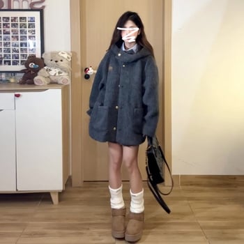 Palton scurt din poliester-spandex, stil lejer japonez/coreean, mâneci lungi, nasturi pe un rând, grosime medie