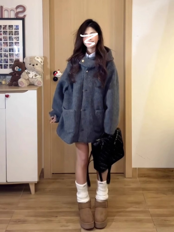 Palton scurt din poliester-spandex, stil lejer japonez/coreean, mâneci lungi, nasturi pe un rând, grosime medie