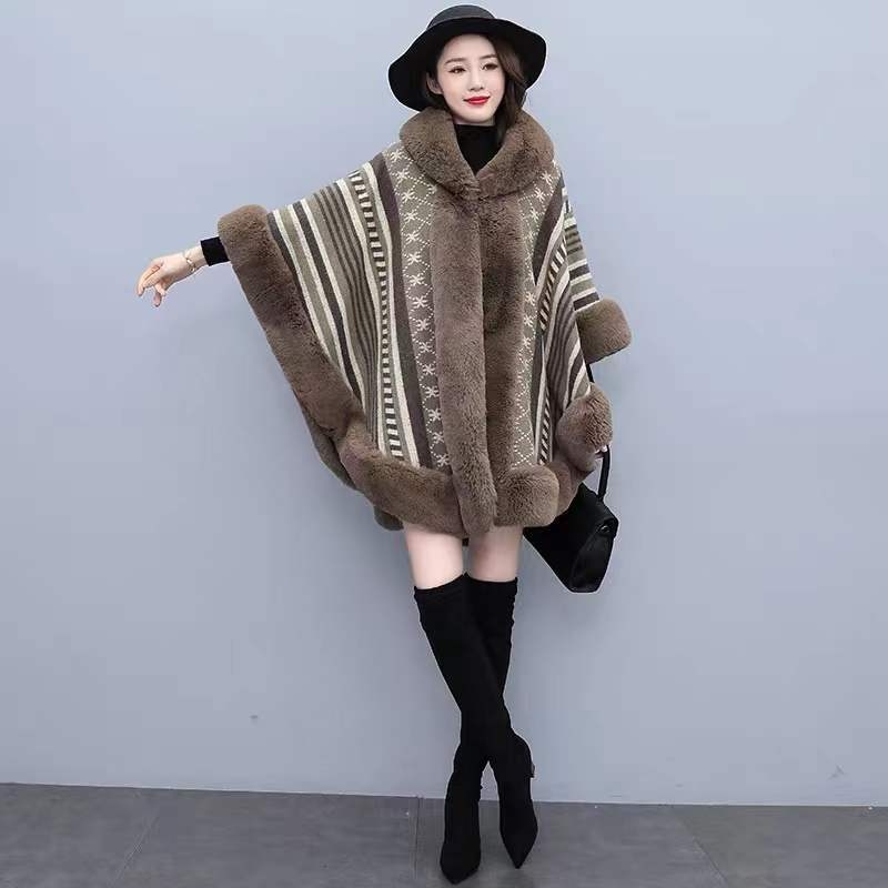 Ženski tweed kaput s jacquard uzorkom i ovratnikom od umjetnog krzna, slobodan kroj, kapuljača, srednja duljina, mješavina poliestera-akrila