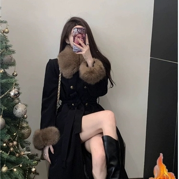 Chenille ženski kaput s krznom, srednja duljina, A-linija kroj, dugi rukav, Spandex <30%