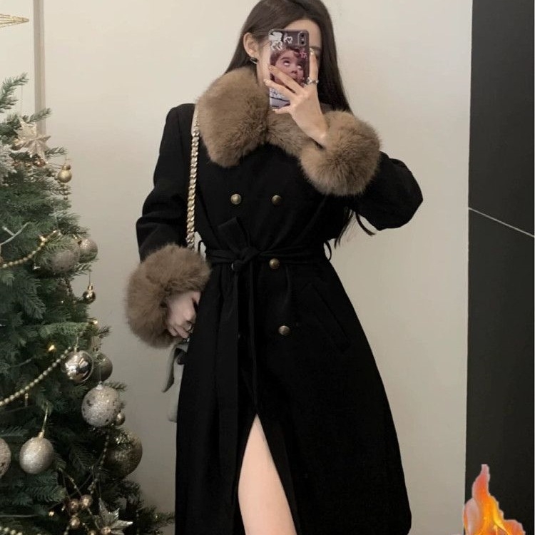 Chenille ženski kaput s krznom, srednja duljina, A-linija kroj, dugi rukav, Spandex <30%