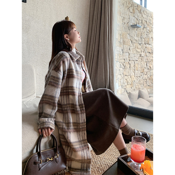 Palton lung pentru femei din poliester — Carouri retro coreene, 95% poliester, guler cu rever, mâneci raglan