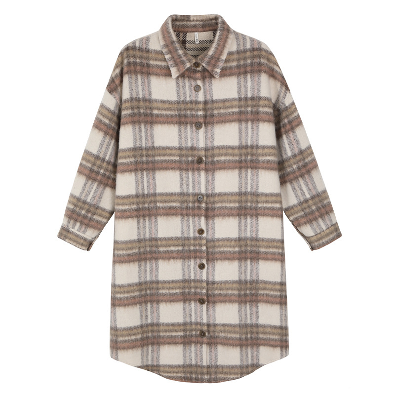 Palton lung pentru femei din poliester — Carouri retro coreene, 95% poliester, guler cu rever, mâneci raglan