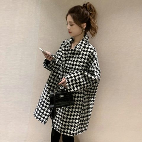 Houndstooth cocoon kaput od vune, srednje duljine, chenille tkanina, elastan i regenerirana celuloza, dugi rukavi, srednja debljina, japansko-korejski ležerni stil