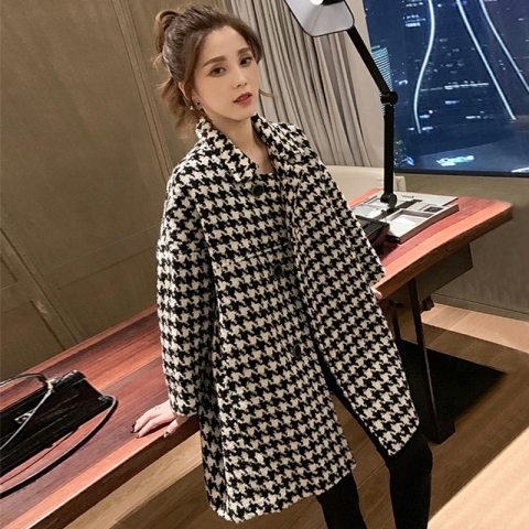 Houndstooth cocoon kaput od vune, srednje duljine, chenille tkanina, elastan i regenerirana celuloza, dugi rukavi, srednja debljina, japansko-korejski ležerni stil
