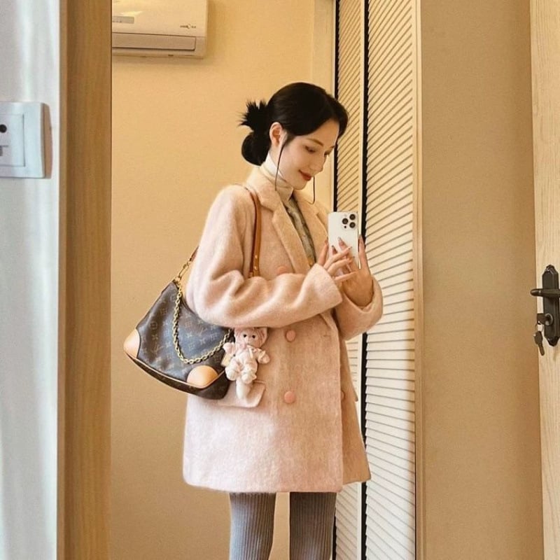 Ženska kratka chenille jakna s krznenim ovratnikom, rukavi ¾, japansko-korejski ležerni stil, proljeće 2025, udjel spandexa <30%