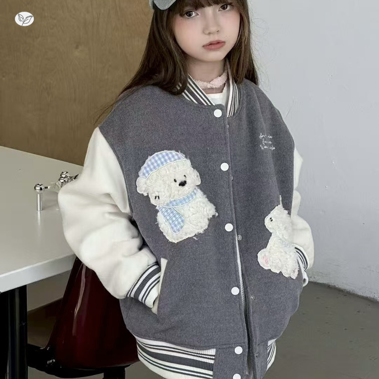 Jachetă baseball pentru fete, iarnă, cu broderie de cățeluș, guler rever, căptușeală din bumbac, stil japonez